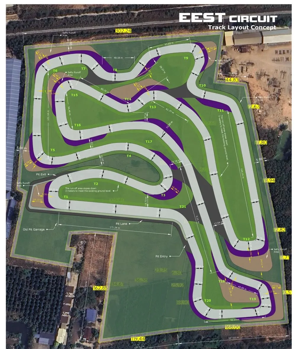 แบบสำรวจวิศวกรรมของ EEST&nbsp;Circuit — เลย์เอาต์ 21 โค้งบนภาพถ่ายทางอากาศของพื้นที่โครงการ / EEST&nbsp;Circuit engineering survey — the 21-turn layout over an aerial photo of the project site